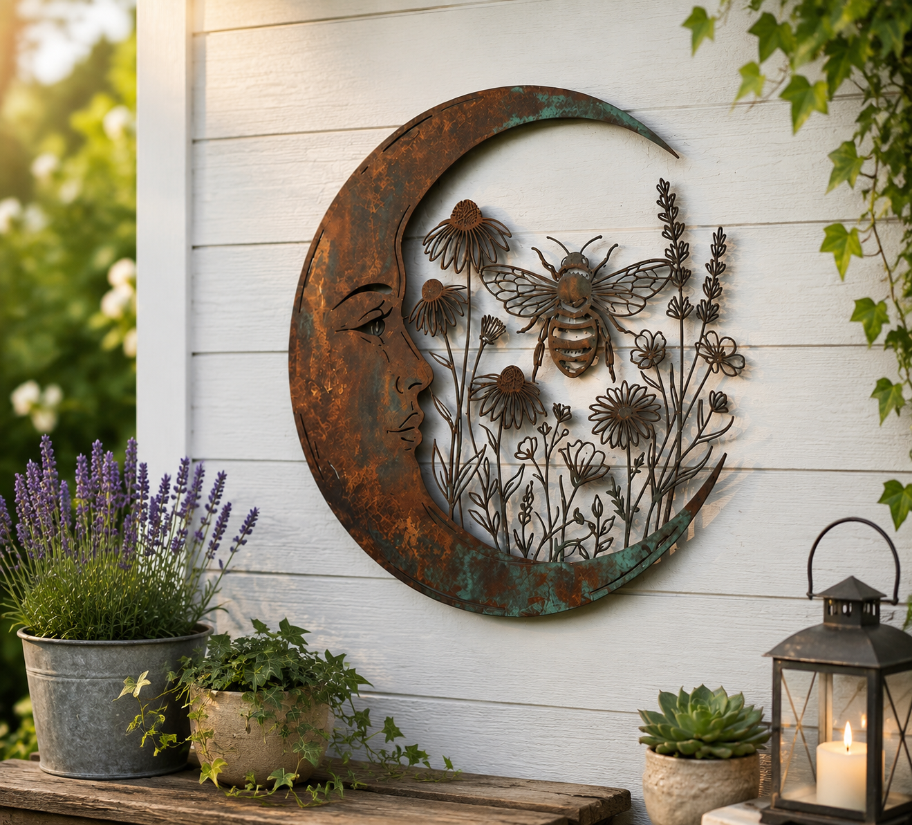 🐝 Creëer Je Eigen Dromerige Rustplek: Luxe Moon & Bee Wanddecoratie voor Buiten