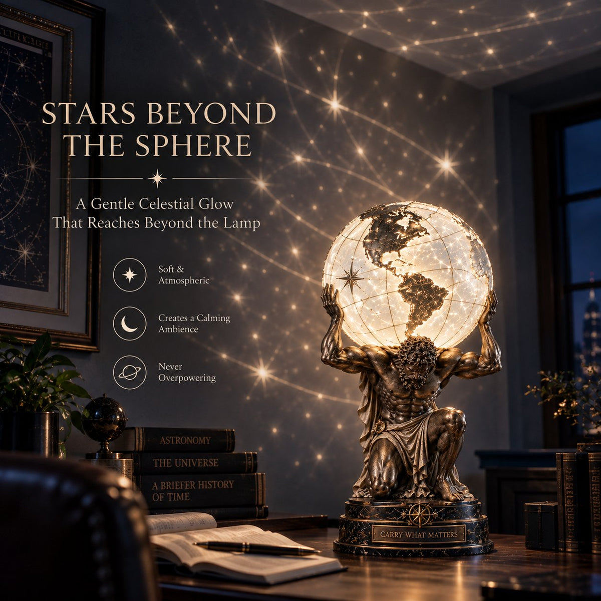 🌏 Atlas Klassieke Sfeerlamp – Verlichte Hemelbol voor Rust, Focus & Studie