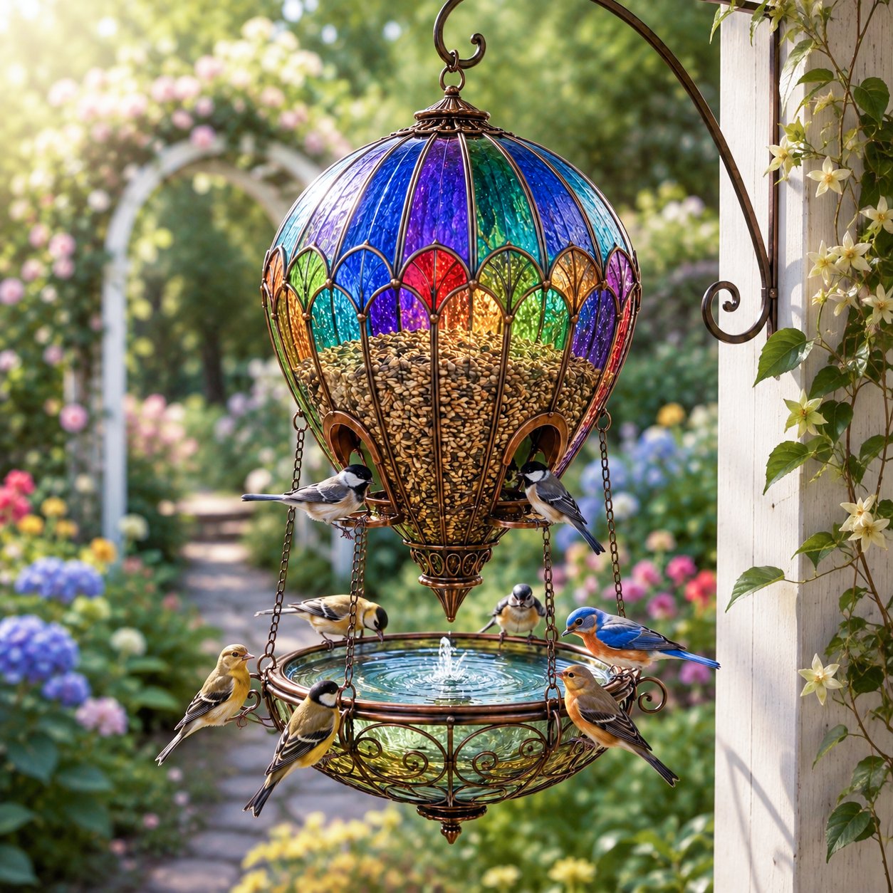 🎈 Glas-in-Lood Luchtballon Vogelvoederhuis & Drinkschaal | Sfeervolle Tuindecoratie