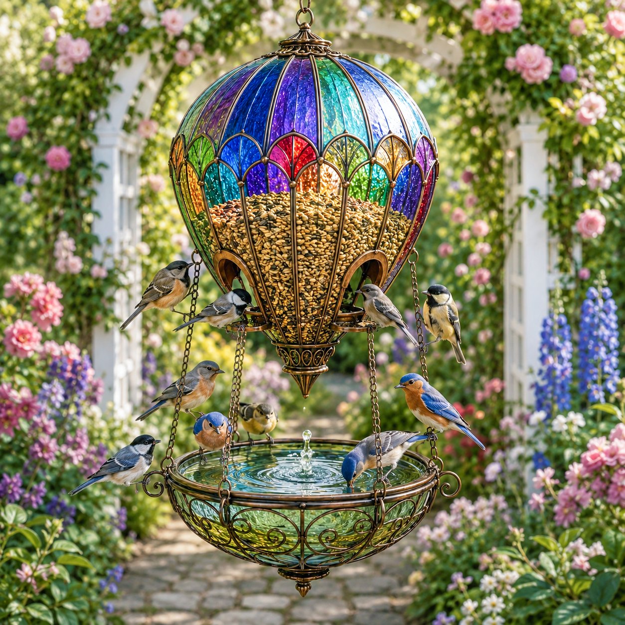 🎈 Glas-in-Lood Luchtballon Vogelvoederhuis & Drinkschaal | Sfeervolle Tuindecoratie