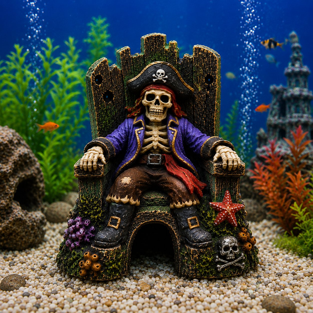 De Stille Bewaker van Je Tank: Mystieke Piraten Skelet Troon & Grot