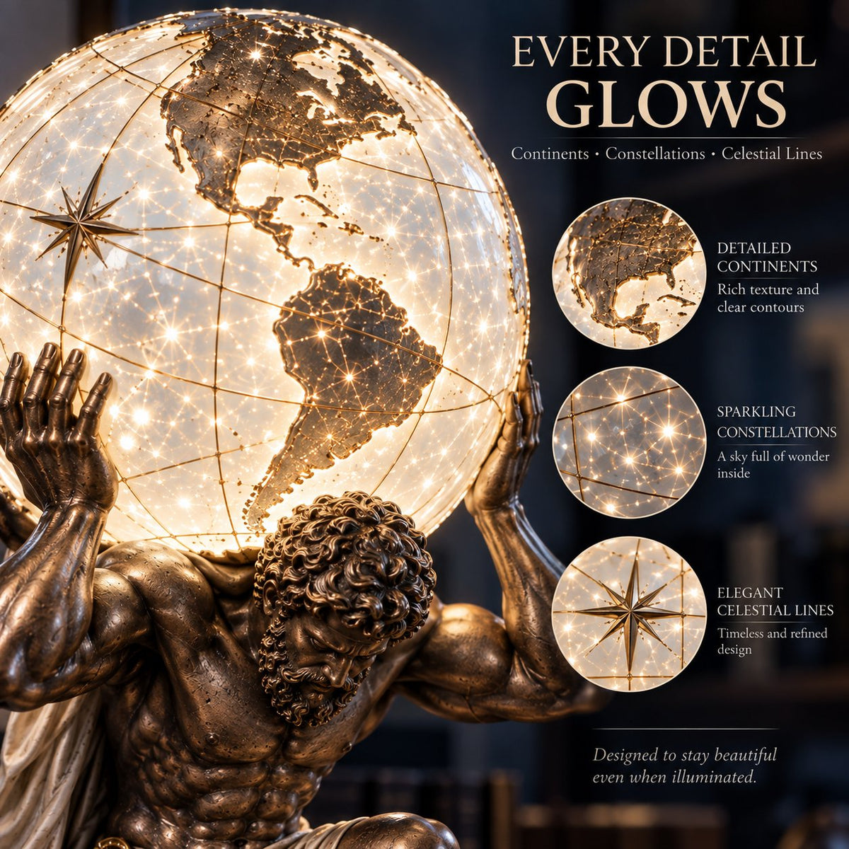🌏 Atlas Klassieke Sfeerlamp – Verlichte Hemelbol voor Rust, Focus & Studie