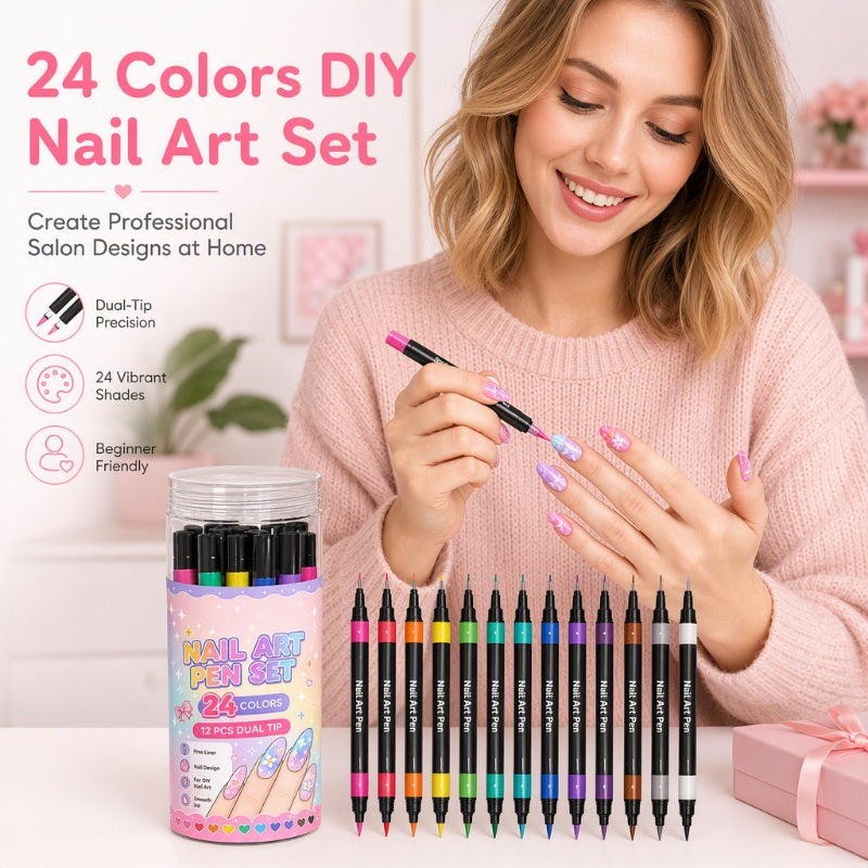 Nail Art Pennen Set (24 Kleuren) – Salonwaardige Nagels in Één Penstreep! 💅