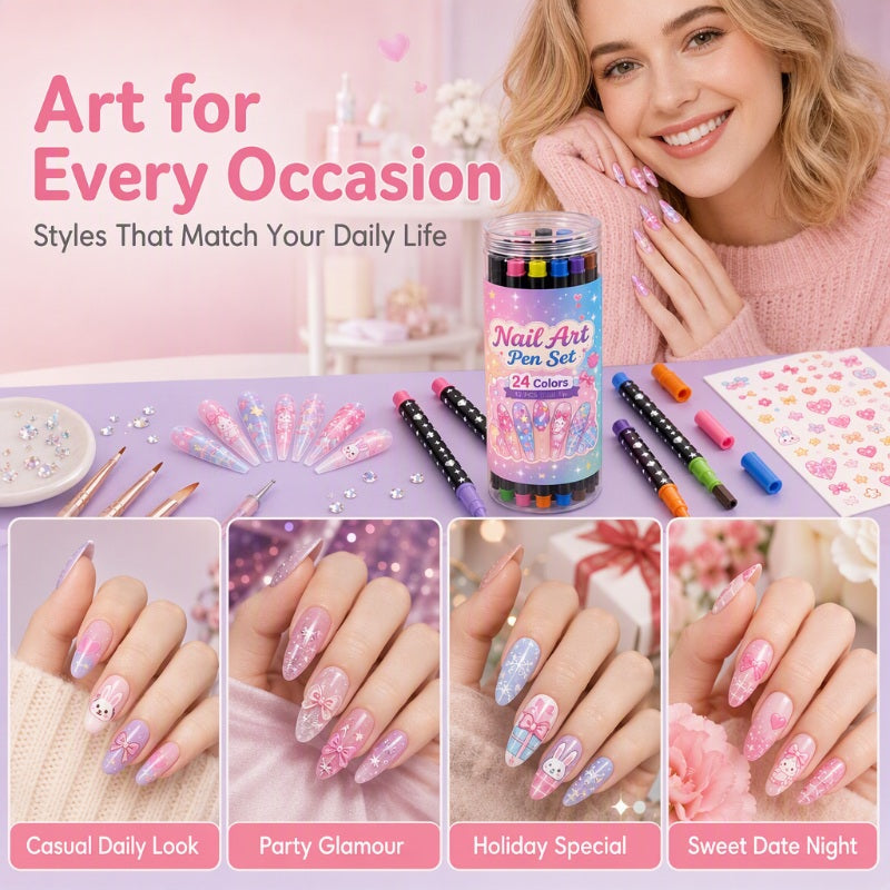 Nail Art Pennen Set (24 Kleuren) – Salonwaardige Nagels in Één Penstreep! 💅