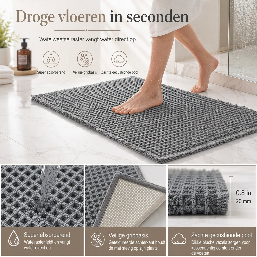 Luxe Wafel Badmat – Binnen Seconden Droog & Ultieme Antislip Grip! 🚿