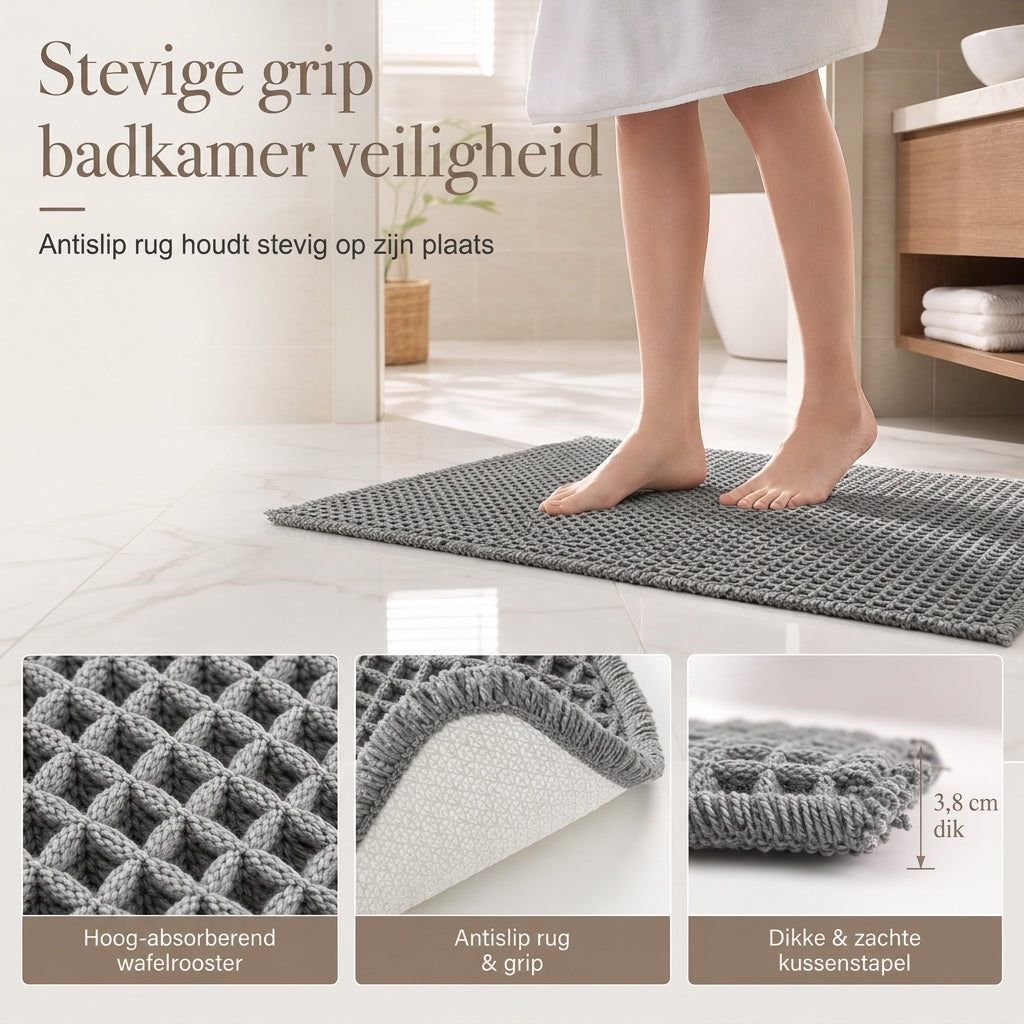 Luxe Wafel Badmat – Binnen Seconden Droog & Ultieme Antislip Grip! 🚿